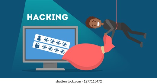 Thief steal digital data. Cyber crime and hacking concept. Data privacy in danger. Isolated vector illustration in cartoon style