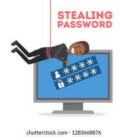 Thief steal digital data. Cyber crime and hacking concept. Data privacy in danger. Isolated vector illustration in cartoon style