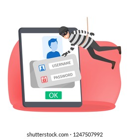 Thief steal personal data with password. Cyber crime and hacking concept. Data privacy in danger. Isolated vector illustration in cartoon style