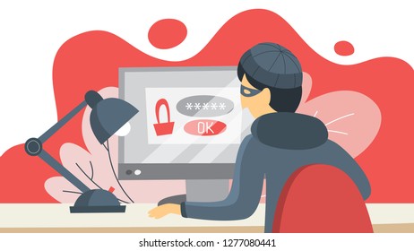 Thief steal personal data with password. Cyber crime and hacking concept. Data privacy in danger. Isolated vector illustration in cartoon style