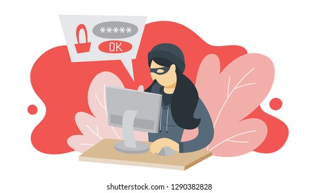 Thief steal personal data with password. Cyber crime and hacking concept. Data privacy in danger. Isolated vector illustration in cartoon style