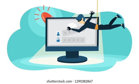 Thief steal personal data with password. Cyber crime and hacking concept. Data privacy in danger. Isolated vector illustration in cartoon style