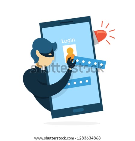 Thief steal personal data with password. Cyber crime and hacking concept. Data privacy in danger. Isolated vector illustration in cartoon style