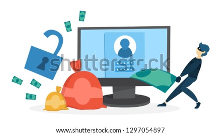 Thief steal personal data with password and money. Cyber crime and hacking concept. Data privacy in danger. Isolated vector illustration in cartoon style