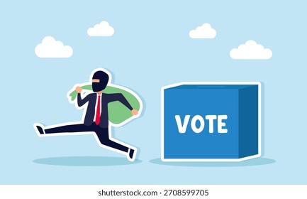 Ladrón robando papeletas de una urna de votación que ilustran fraude y manipulación en una elección democrática o una reunión de la junta