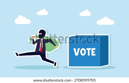 Thief stealing ballots from a vote box illustrating fraud and manipulation in a democratic election or a board meeting