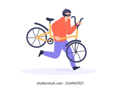 Thief stealing bicycle flat vector illustration. Criminal or burglar in black mask running with stolen bike, breaking law. Theft, robbery, vehicle, transport, outlaw concept