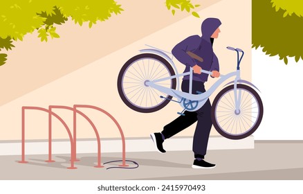 Thief stealing bicycle from rack in public city area, bike theft on street. Man carrying stolen personal transport and running, male criminal broke security lock to steal cartoon vector illustration