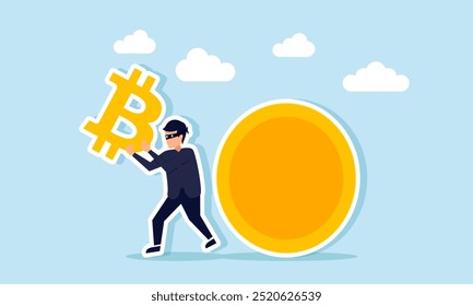 Ein Dieb, der das Bitcoin-Symbol aus einer Münze stiehlt, Illustration für Betrug oder Täuschung, die in Bitcoin-Aktien vorkommen