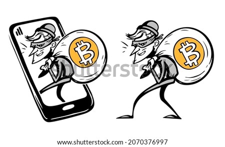 thief stealing bitcoin vector illustration