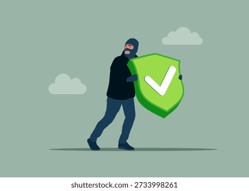 Ladrón robando marca de verificación. Gestión de incidentes, resolución de problemas, identificación de riesgos. Sí, finalización, verificación, Aprobación. Ilustración vectorial moderna en estilo plano