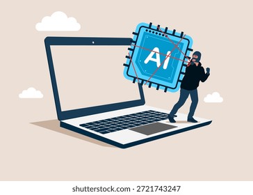 Ladrão roubando a tecnologia de inteligência artificial do chip, ladrão com microcircuito. Tecnologia de inteligência artificial. Análise de dados. Ilustração vetorial moderna em estilo plano