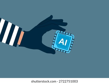 Ladrón robando chip AI tecnología, mano de ladrón con microcircuito. Tecnología de inteligencia artificial. Análisis de datos. Ilustración vectorial moderna en estilo plano