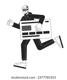 Thief stealing credit card bw concept vector spot illustration. Credit card fraud. Banking 2D cartoon flat line monochromatic character for web UI design. Editable isolated outline hero image