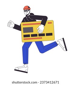 Thief stealing credit card flat line concept vector spot illustration. Credit card fraud. Banking 2D cartoon outline character on white for web UI design. Cybercrime editable isolated color hero image