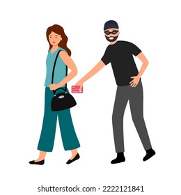 Thief stealing credit card from woman bag in flat design on white background. Pickpocket concept vector illustration.