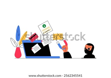 Thief Stealing Data From Laptop In Flat Vector Illustration Symbolizing Cyber Theft And Online Fraud, Isolated On White Background