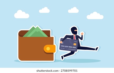 Ladrón robando tarjeta de débito o crédito de una billetera que ilustra fraude y debilidades en un sistema sin efectivo