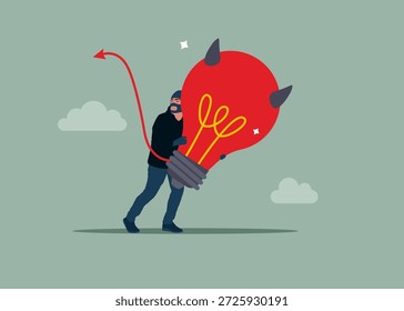 Dieb, der die Glühbirne des Teufels stiehlt, Einbrecher mit Ursache Problem und Misserfolg, schlechte Idee oder dummer Fehler. Moderne Vektorgrafik im flachen Stil