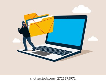 Dieb gestohlen Dateien Daten von einem Laptop, Einbrecher mit Ordner. Betrug, Hacking und Cyberkriminalität. Organisieren von Datei und Dokument in der Datenbank. Flache Vektorgrafik