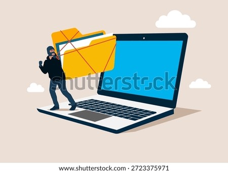 Thief stealing files data from a laptop, burglar with folder. Fraud, Hacking and Cyber Crime. Organizing file and document in database. Flat vector illustration