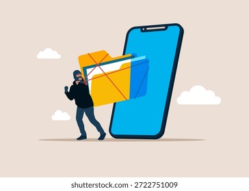 Ladrón robando archivos de datos de un teléfono móvil, ladrón con carpeta. Fraude, hackeo y cibercrimen. Organizar archivo y documento en base de datos. Ilustración vectorial plana