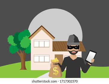 Thief stealing gold coins and gadgets from beautiful house at night. Vector Illustration. Isolated on dark blue background. Idea for burglar criminal and home insurance concept.