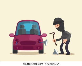 Thief stealing headlights from a car, vehicle without headlamps. Thief in black clothes, holding crowbar on hand. Vector illustration, flat design, cartoon style, front view, isolated background.