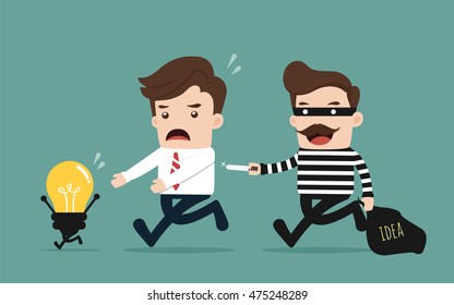 Thief stealing ide, Businessman with idea light bulb, Business concept cartoon illustration.