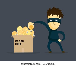 Thief stealing idea from businessman box. Cartooned thief in black mask and costume.