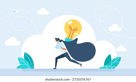 Idea de robo de ladrones. Hombre con bolsa robando una metáfora de la idea. Concepto de plagio, infracción de Derechos de autor. Ladrón con una máscara huyendo con una bombilla. Propiedad intelectual. Ilustración vectorial