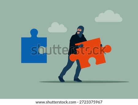 Thief stealing jigsaw puzzle element, burglar hand with puzzle. business collapse. Vector flat illustration