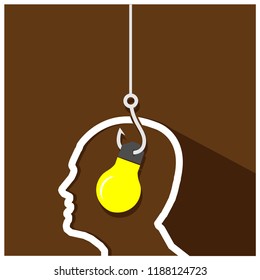 Thief stealing light bulb idea with fishing rod from a head. 