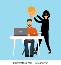 Thief stealing lightbulb from businessman in flat design. Business idea thief. Data or idea stealing concept.