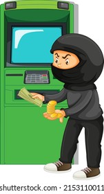 Ladrón robando dinero de la ilustración de la máquina de atm