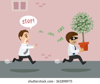 Thief stealing money from business man, vector, illustration  