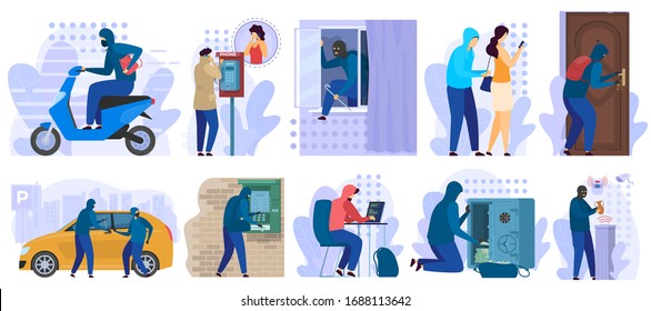 Thief stealing money and car, burglar robber bank, criminal pickpocket people, vector illustration. Man in balaclava escapes with woman purse, information theft security. Cartoon character thief set