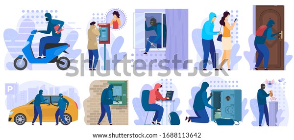 Thief stealing money and car, burglar robber bank,\
criminal pickpocket people, vector illustration. Man in balaclava\
escapes with woman purse, information theft security. Cartoon\
character thief set