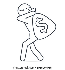 Thief stealing money and Dollar sign icon. Simple line illustration.