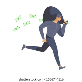 Thief stealing money flat vector illustration. Bank robber, burglar in mask escaping crime scene cartoon character. Dangerous lawbreaker, criminal running with cash bag isolated on white background