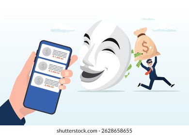 Thief stealing money from mask talking on scam phone call, phone scam, fraud or stealing money crime, cyber online safety hacking, thief with fake phone call or chat, illegal dishonesty concept
