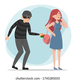 Thief stealing money from the purse vector isolated. Woman talking on the phone and does not notice the crime. Dangerous criminal taking wallet, pickpocket.