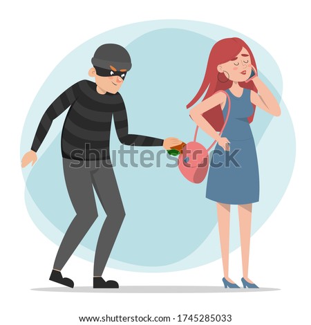 Thief stealing money from the purse vector isolated. Woman talking on the phone and does not notice the crime. Dangerous criminal taking wallet, pickpocket.