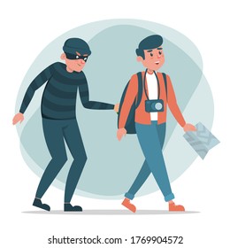Thief stealing money from tourist vector isolated. Dnagerous criminal in black mask. Robber steals wallet full of money. Man with map and camera does not suspect anything.