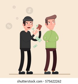 Thief Stealing Money While The Man Thinks What To Spend It. Flat. Vector. Illustration.