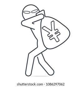 Thief stealing money and Yen or Yuan CNY sign icon. Simple line illustration.
