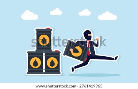 thief stealing oil barrel from stacked barrels illustration of corruption in oil business and illegal resource exploitation concept
