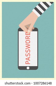 Thief stealing password on mobile smartphone screen .Eps10 vector illustration.Symbol stealing , Mobile,security app smartphone  concept .Minimalist retro poster