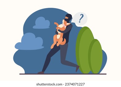 Thief stealing pet vector illustration. Cartoon male criminal burglar character in disguise balaclava of bandit holding stolen caught dog and running to steal domestic animal, puppy robbery crime