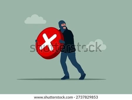 Thief stealing sign block. Red sign stop and rejection concept. Modern vector illustration in flat style